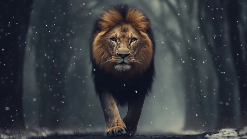 Male lion strides through snowy forest with cinematic depth of field