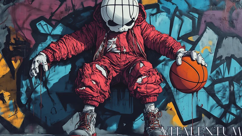 Streetball skeleton slumps against neon graffiti wall at dusk