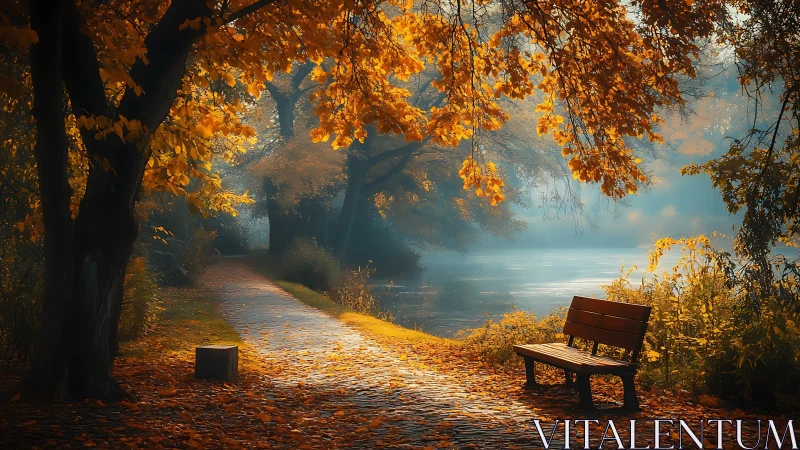 Autumn riverside path with wooden bench in warm backlighting