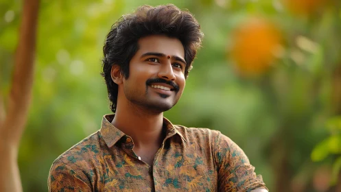 Sunlit smile drifting through soft green afternoon glow.