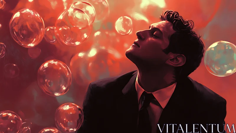 Male figure in suit surrounded by translucent bubbles.