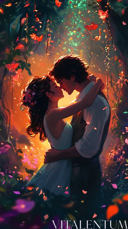 Romantic couple silhouetted against luminous floral backdrop with dynamic particle effects