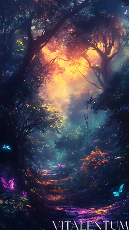 Luminous forest path glows under radiant enchanted sunrise