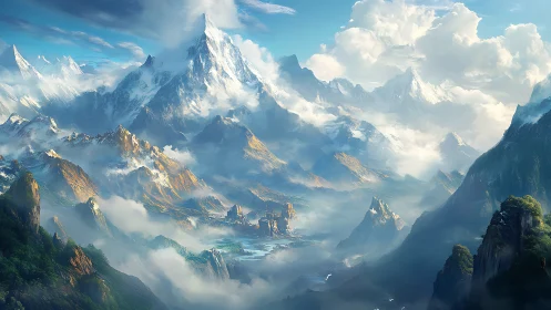 Skyward kingdom cradled in colossal sapphire mountains.