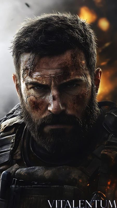 Battle-worn soldier holds a steady gaze in blazing chaos