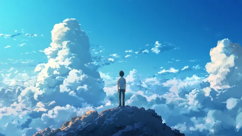 Solitary figure above cloud sea under radiant blue sky.