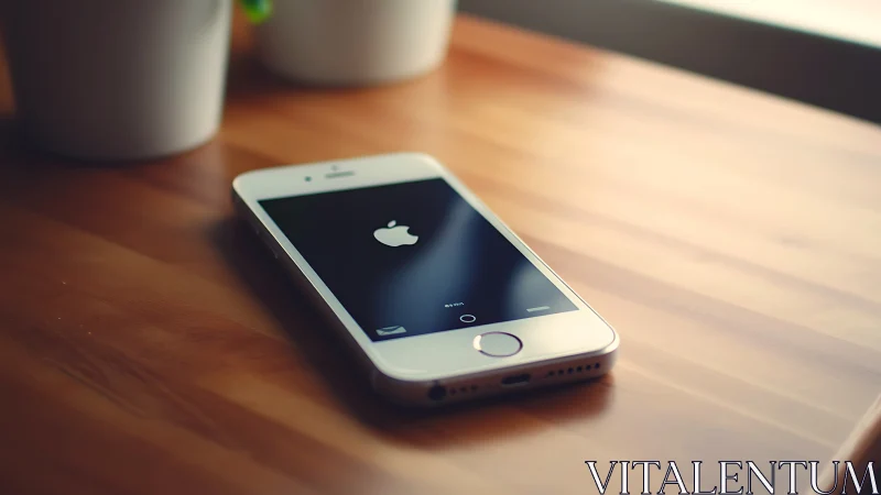 White iPhone Glowing with Apple Logo on Wooden Desktop Desk.