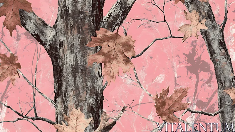 Soft woodland trunks and drifting leaves on rosy sky.