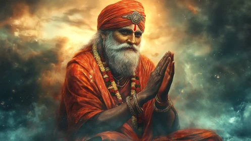 Digital portrait of Hindu sage in orange robes amid nebula glow