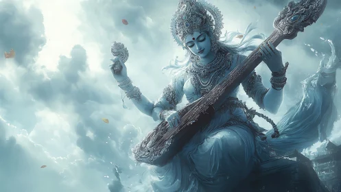 Skyborne goddess of music strums luminous celestial raga.