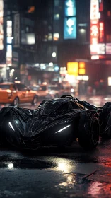 Night-stalking hypercar prowls neon rain-slicked city streets.