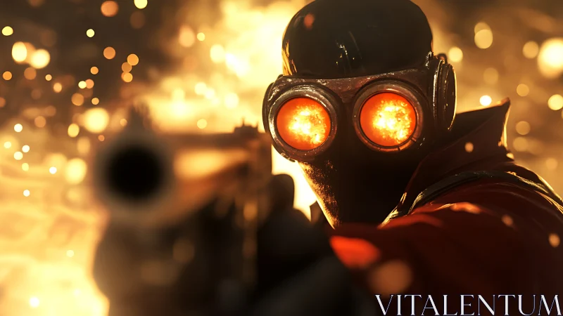 Masked figure with glowing goggles in fiery environment.