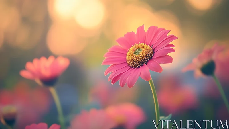 Pink Gerbera Daisy with Golden Center in Soft Focus Garden Setting.