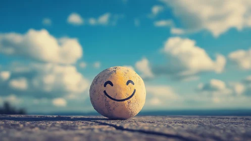 Photorealistic smiley sphere on horizon-line ground plane.