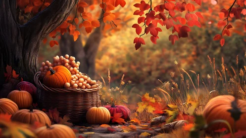 Autumn forest still life with pumpkins and harvest basket.