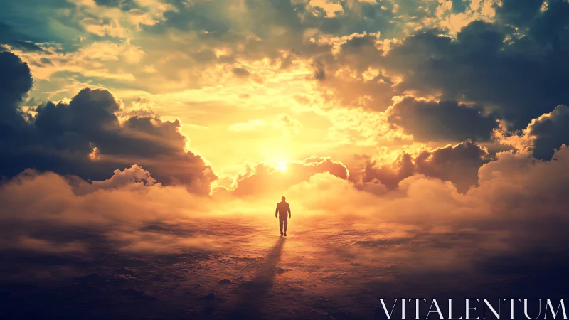 Solitary dreamwalker crossing a blazing horizon of clouds.