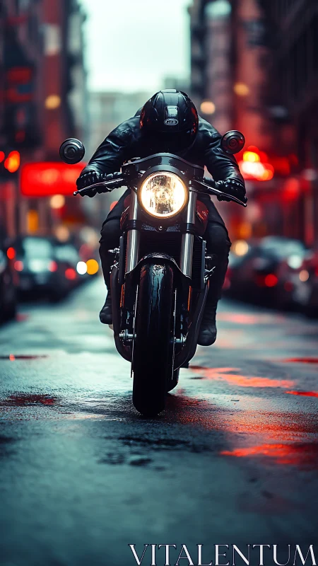 Urban night rider leans into the glow of rainy city streets