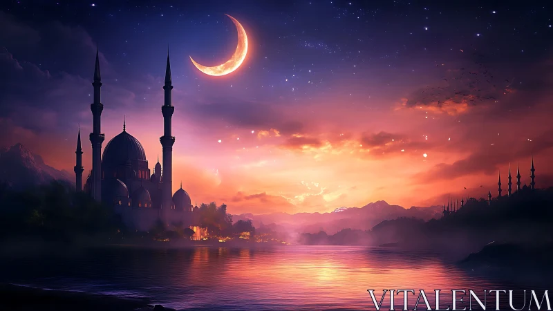 Crescent moon over lakeside mosque at vivid twilight.