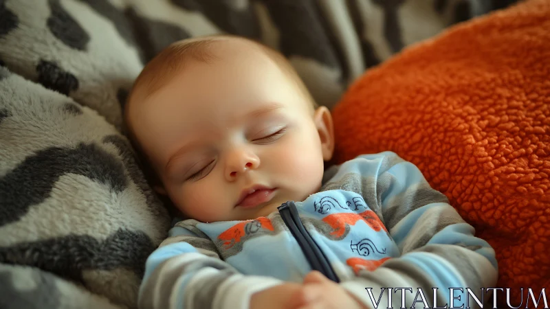 Sleeping infant nestled among soft textured blankets and cushions