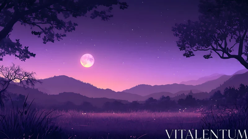 Moonlit valley landscape under purple twilight sky.