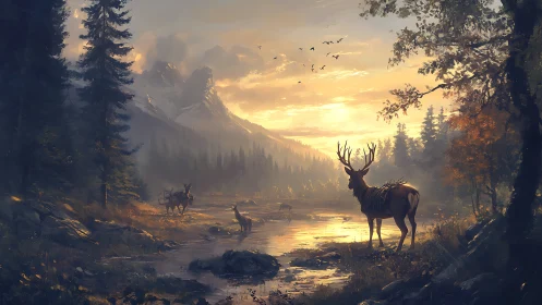Stag herd stands in reflective mountain valley at sunset