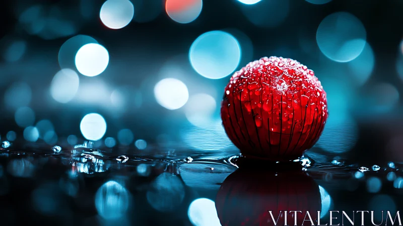 Photorealistic red sphere with macro bokeh and wet surface focus.