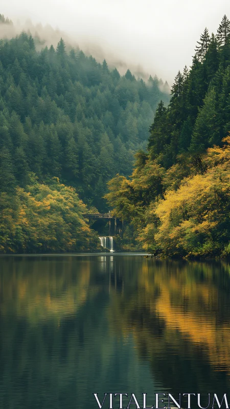 Misty forest waterfall reflected in a calm autumn lake.