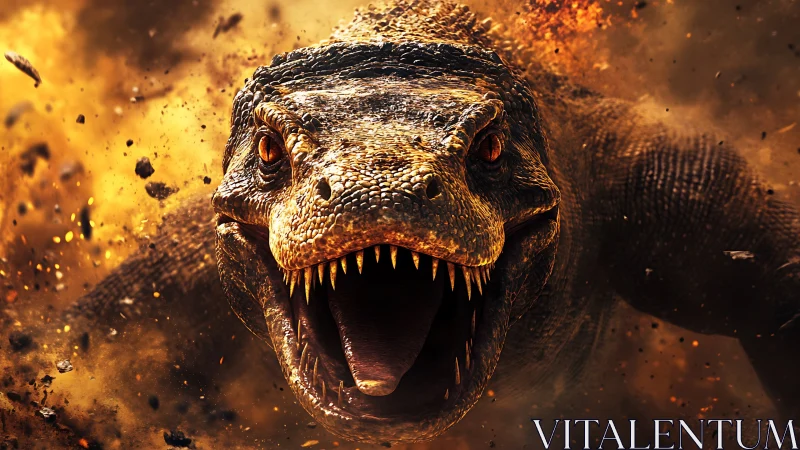 Roaring dinosaur charges through fiery exploding debris scene.