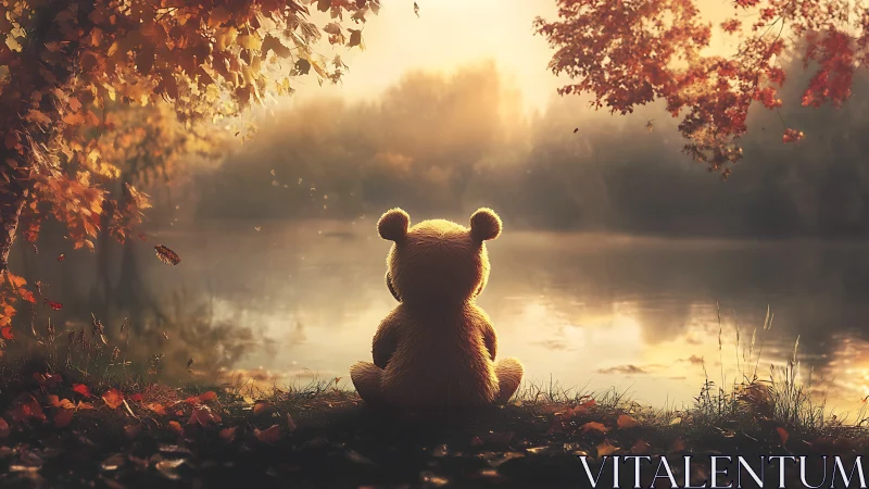 Plush bear dreams beside a misty autumn lakeside glow.
