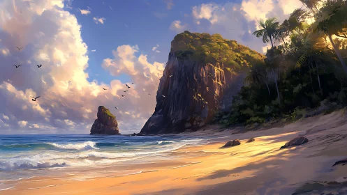 Towering Cliffs Rise Above Golden Sands.