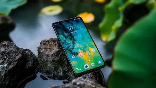 Smartphone on Mossy Rocks by Water Stream.