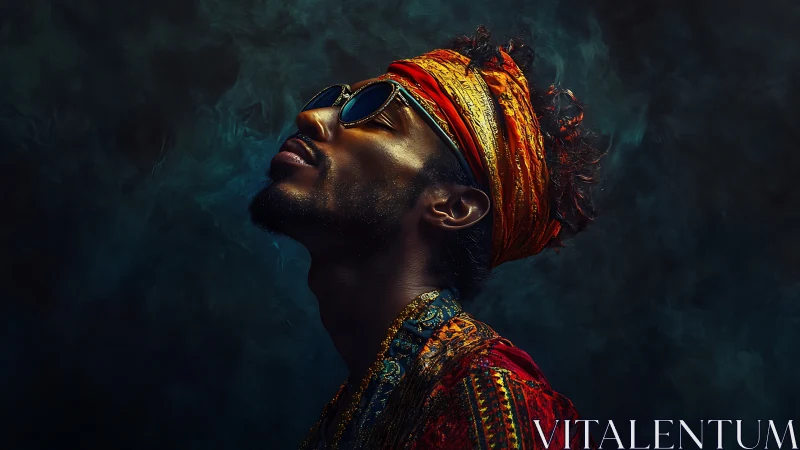 Portrait of a man in vivid tribal textiles breathing in serenity