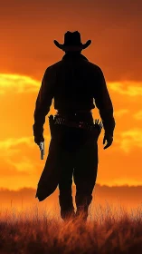 Lone silhouette gunslinger walking into blazing sunset sky.