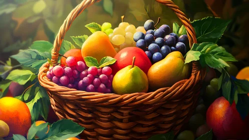 Sunlit wicker basket holds hyperreal assorted orchard fruits
