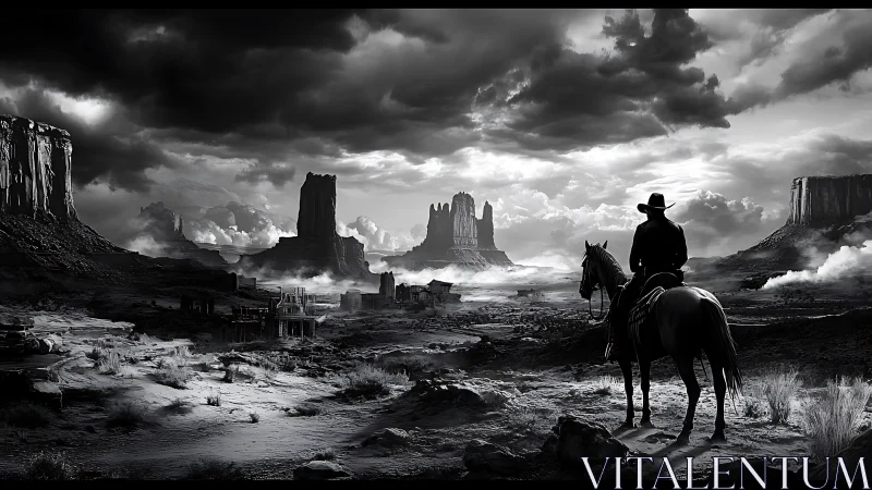 Lone cowboy surveys stormy monochrome canyon frontier.