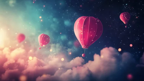 Dreamy pink balloons drifting through a starlit sky.