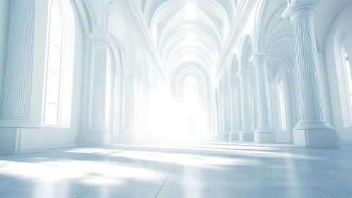 Luminous neoclassical hall with soaring arches in white light.