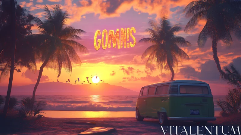 Sunset coastal van scene with neon text and palm silhouettes.
