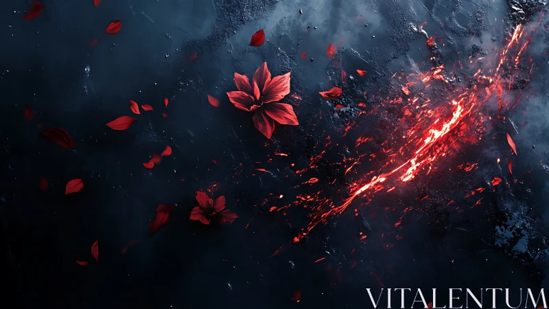 Crimson petals drift across molten fracture on black ground.