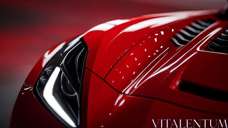 Red supercar hood closeup with LED headlight detail.