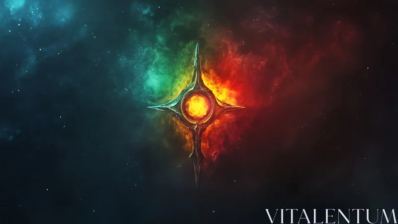 Stellar energy symbol within multicolored nebula field.