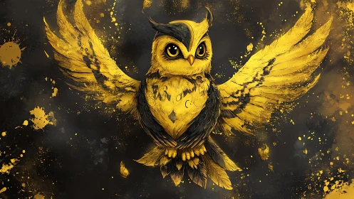 Golden owl bursts from dark ink-splattered night sky.