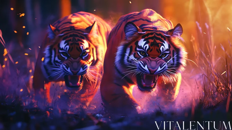Dual vector-lit tigers in synchronized predatory charge.