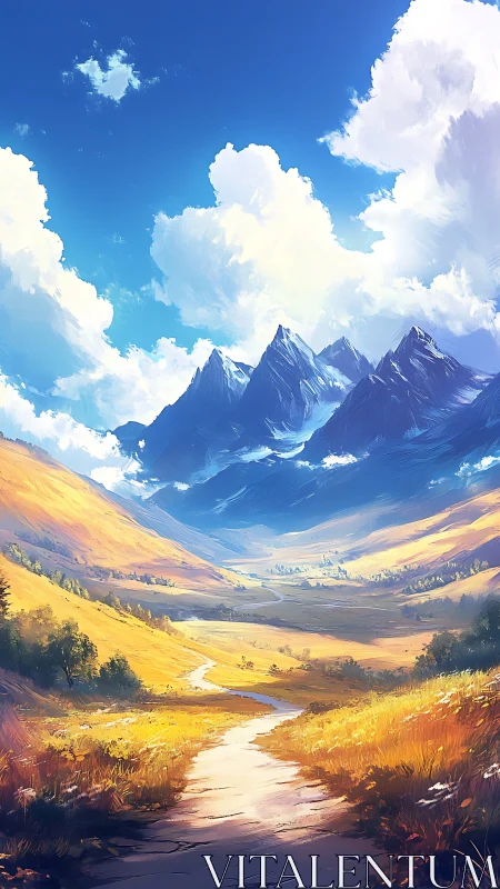 Sunlit valley trail beneath towering alpine peaks.