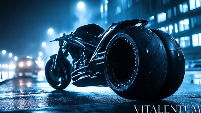 Sleek future motorcycle glowing under rainy city lights.