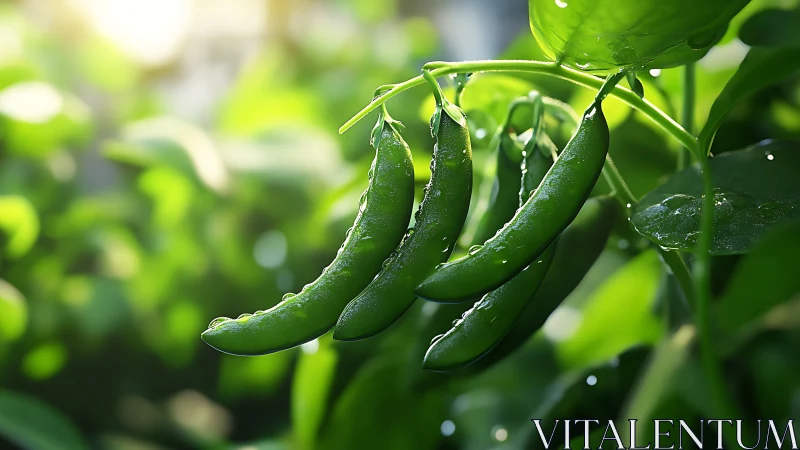 Fresh green pea pods hang under dewy leaves in soft sunlight