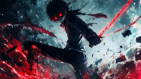 Masked figure holds glowing sword amid fragmented energy field