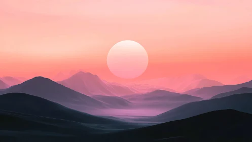 Celestial pearl sinking over neon mist mountainscape horizon.