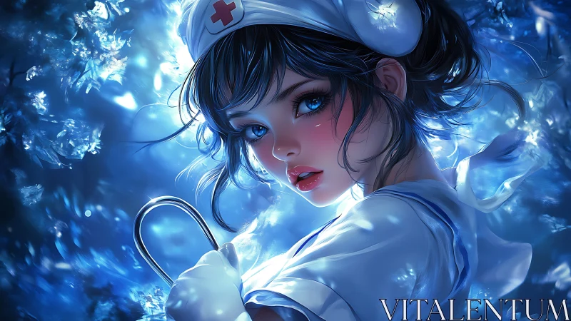 Digital nurse portrait rendered in high contrast blue lighting