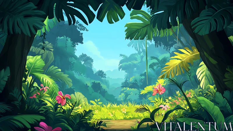 Enchanted Jungle Clearing with Colorful Blooms and Blue Sky.